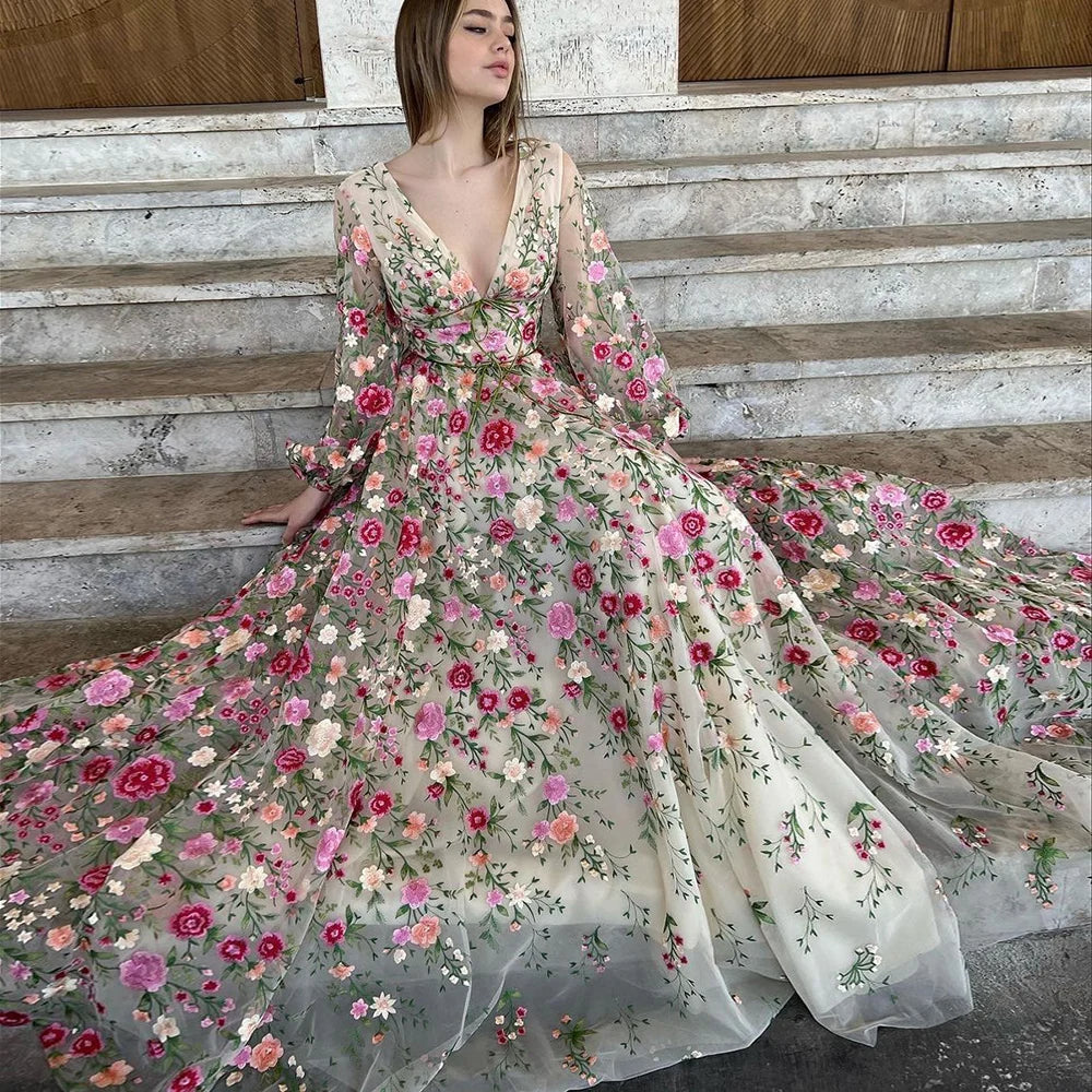 Robe de Soirée Formelle à Fleurs, Coupe A-Line/Princess, Col en V, Manches Longues