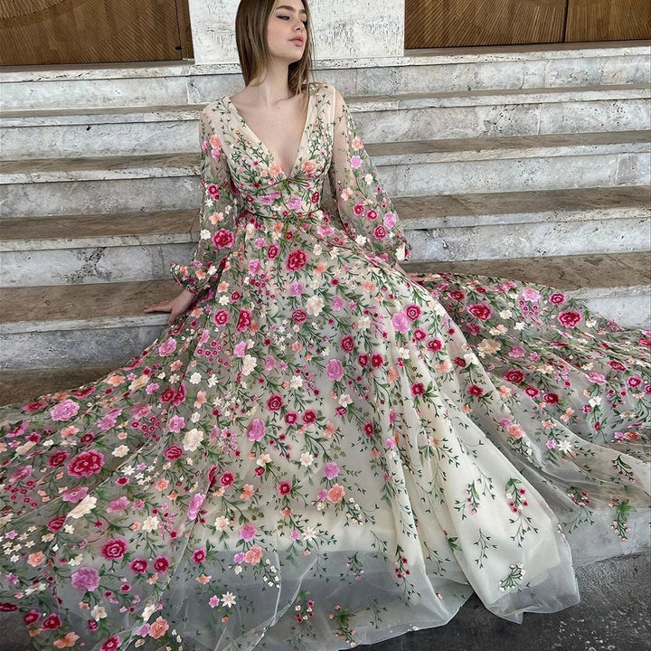 Robe de Soirée Formelle à Fleurs, Coupe A-Line/Princess, Col en V, Manches Longues