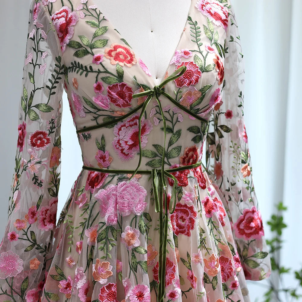 Robe de Soirée Formelle à Fleurs, Coupe A-Line/Princess, Col en V, Manches Longues