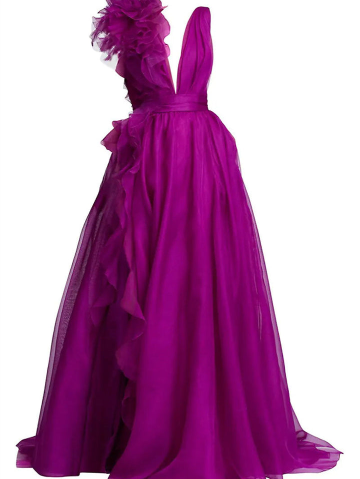 Robe de Soirée Longue de Forme Trapèze/Princesse à Col en V Sans Manches et Longueur Au Sol avec Fente Sur le Côté