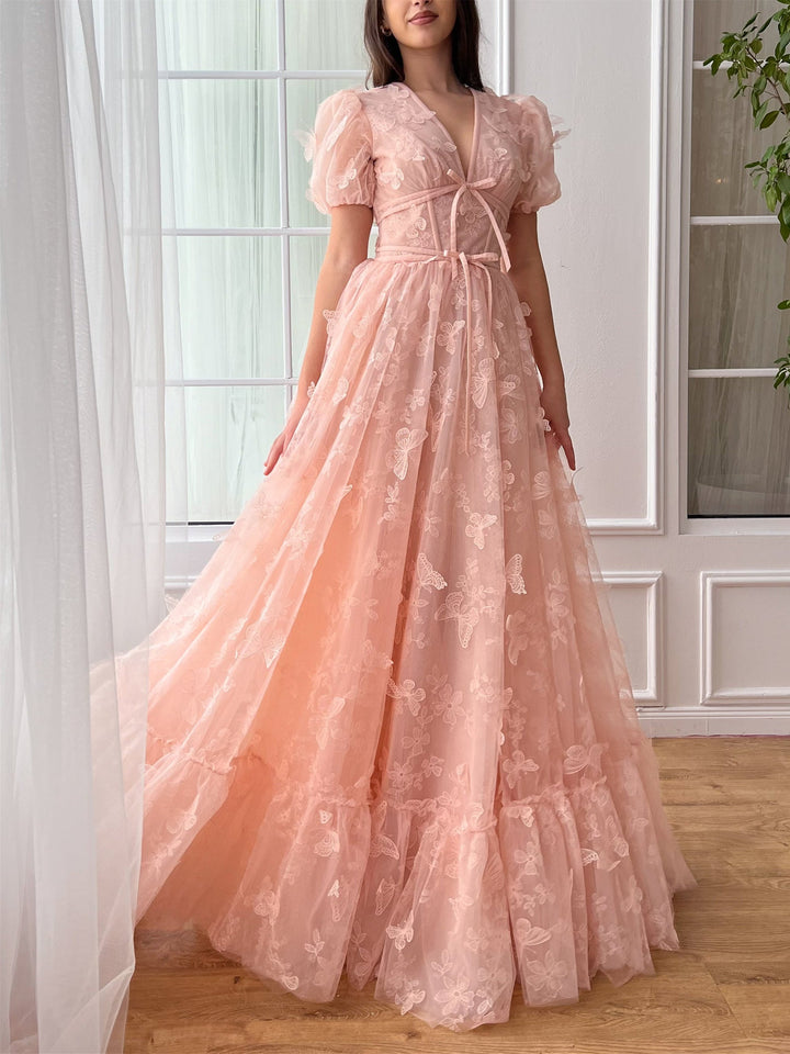 Robe de Bal de Fin D'Année Formelle à Manches Courtes et Col en V, Coupe A-Line/Princess, Longueur Au Sol, avec Fleurs