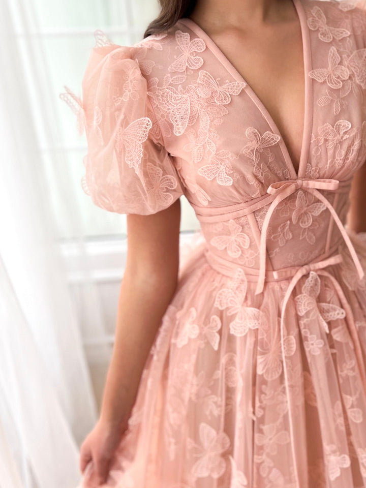 Robe de Bal de Fin D'Année Formelle à Manches Courtes et Col en V, Coupe A-Line/Princess, Longueur Au Sol, avec Fleurs