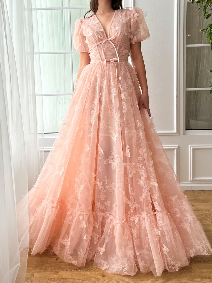 Robe de Bal de Fin D'Année Formelle à Manches Courtes et Col en V, Coupe A-Line/Princess, Longueur Au Sol, avec Fleurs