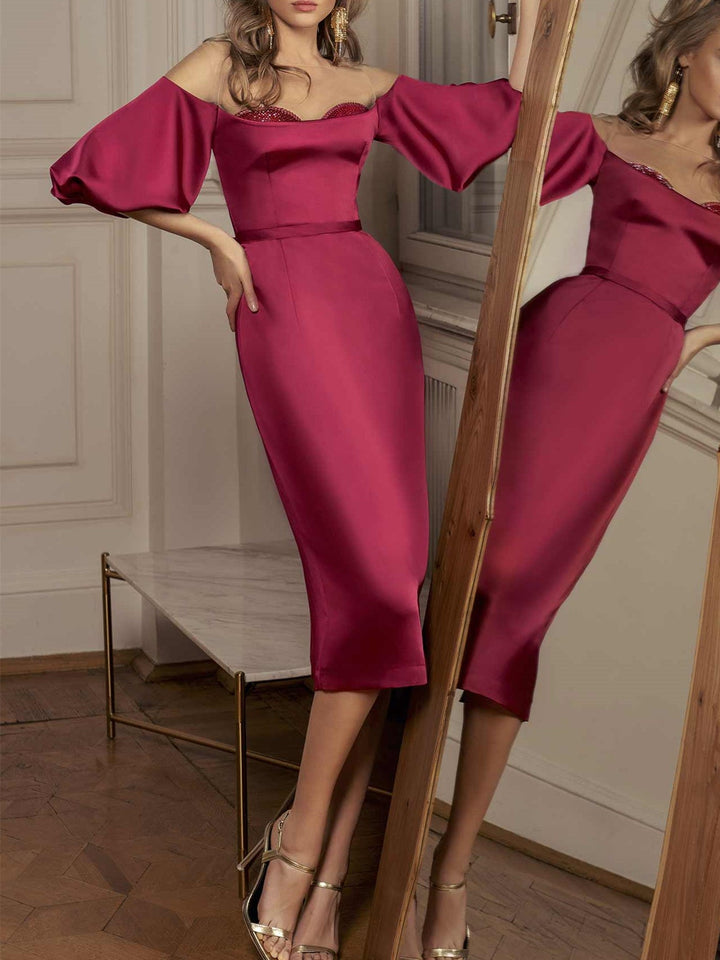 Robe de Cocktail Fourreau/Colonne à Encolure Droite, Manches Mi-Longues, Coupe Au Genou, avec Bonnets Ornés