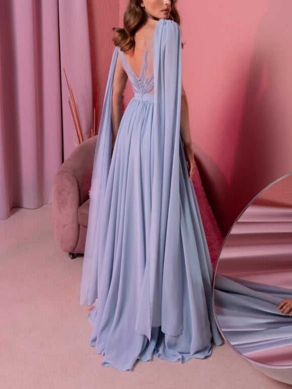 Robe de Soirée Trapèze/Princesse Sans Manches à Col en V et Longueur Au Sol avec Traîne Watteau