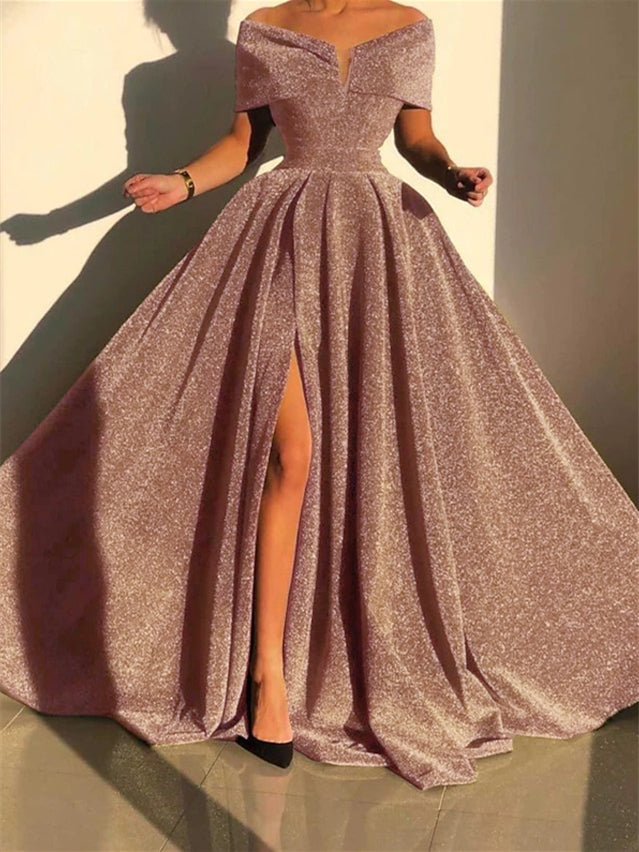 Robe de Soirée Trapèze/Princesse à Épaules Dénudées et Traîne avec Paillettes