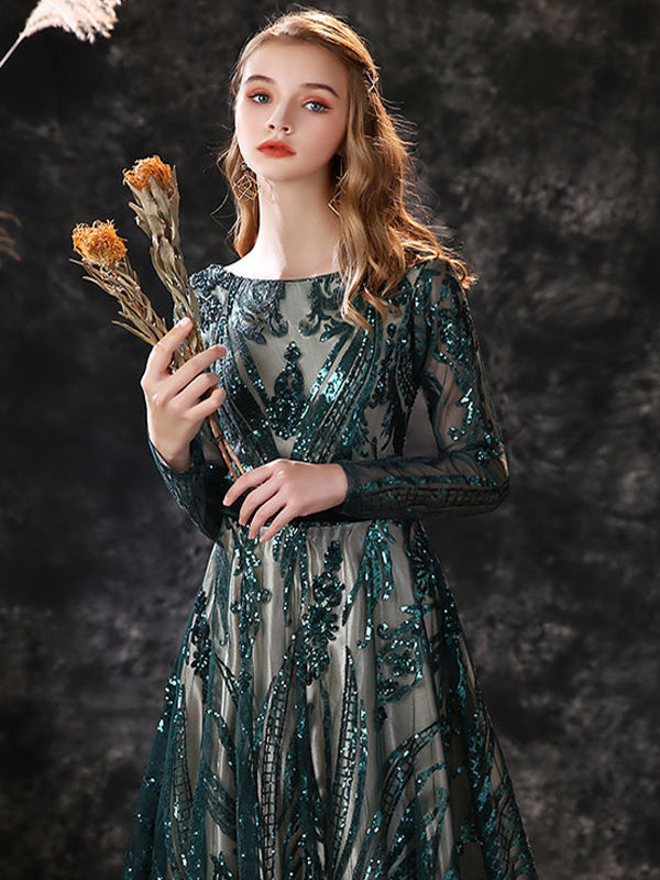 Robe de Soirée Trapèze/Princesse à Encolure Dégagée et Manches Longues avec Traîne et Dentelle