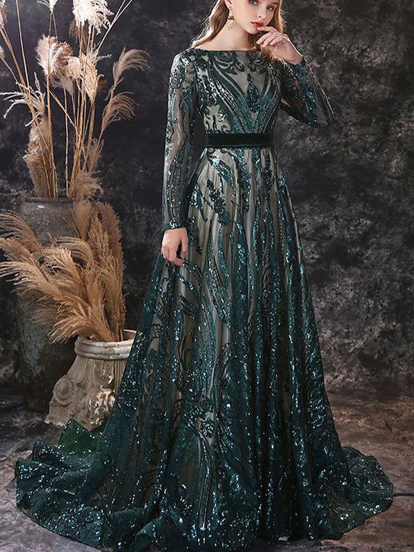 Robe de Soirée Trapèze/Princesse à Encolure Dégagée et Manches Longues avec Traîne et Dentelle