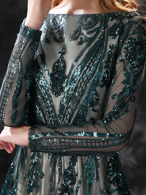 Robe de Soirée Trapèze/Princesse à Encolure Dégagée et Manches Longues avec Traîne et Dentelle