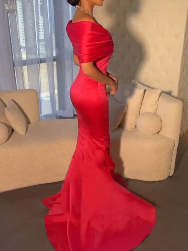 Robe de Soirée Sirène à Épaules Dénudées et Manches Courtes avec Traîne et Perles