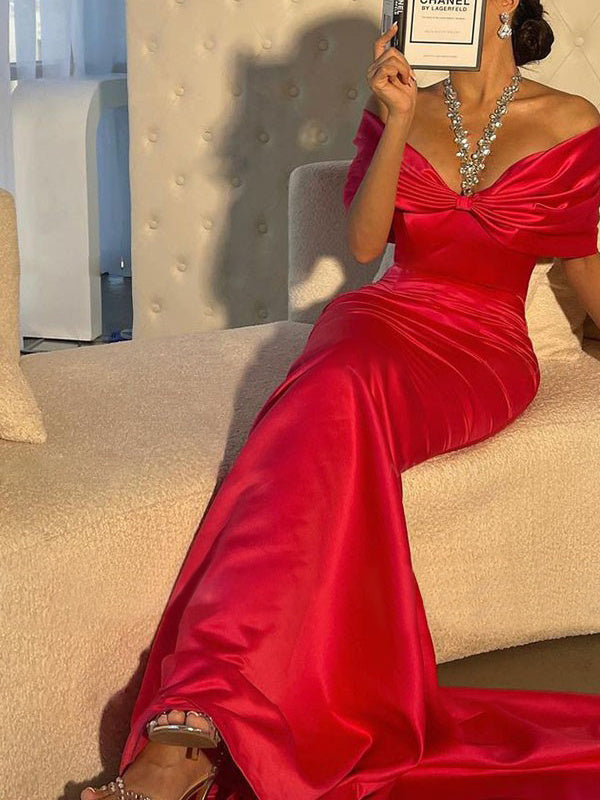 Robe de Soirée Sirène à Épaules Dénudées et Manches Courtes avec Traîne et Perles