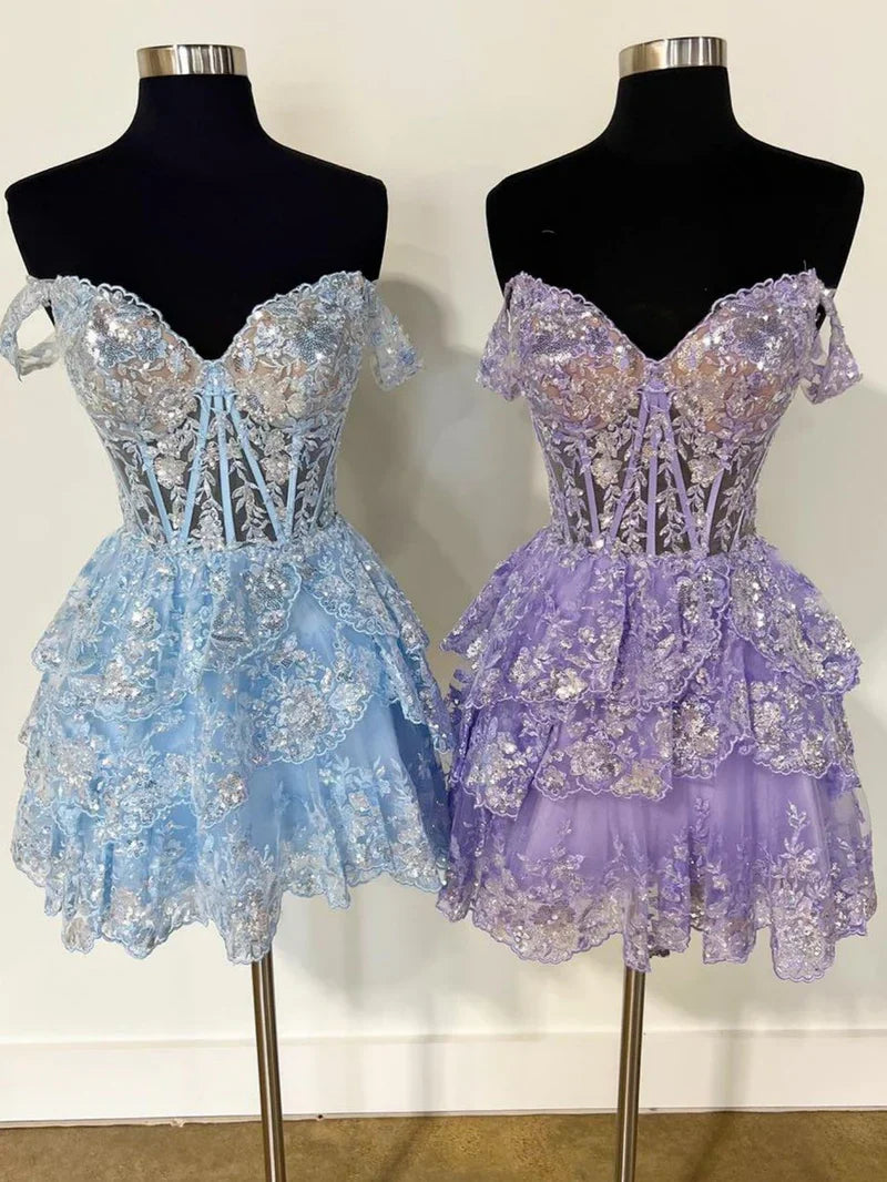 Robe de Soirée Courte/Mini, Coupe A-Line/Princesse, Épaules Dénudées, Décolleté en Cœur, Sans Manches, avec Volants et Paillettes