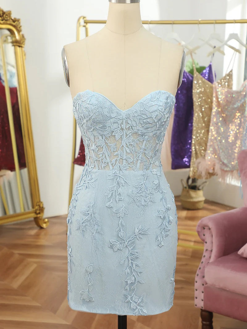 Robe Fourreau/Colonne à Col en V Sans Bretelles Sans Manches Courte/Mini Robe de Soirée Dansante Cocktail de Retour à la Maison avec Appliques en Dentelle