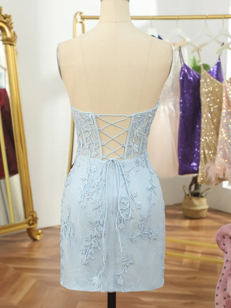 Robe Fourreau/Colonne à Col en V Sans Bretelles Sans Manches Courte/Mini Robe de Soirée Dansante Cocktail de Retour à la Maison avec Appliques en Dentelle