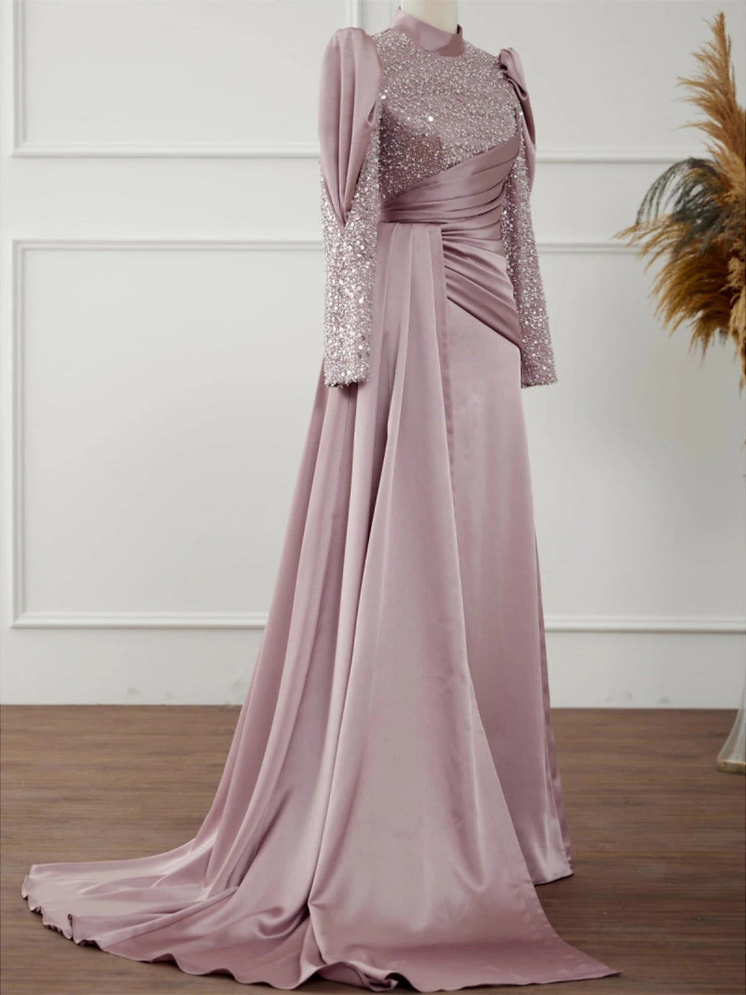 Robe de Soirée Trapèze/Princesse à Manches Longues et Col Bijou avec Plis Pailletés et Fronces