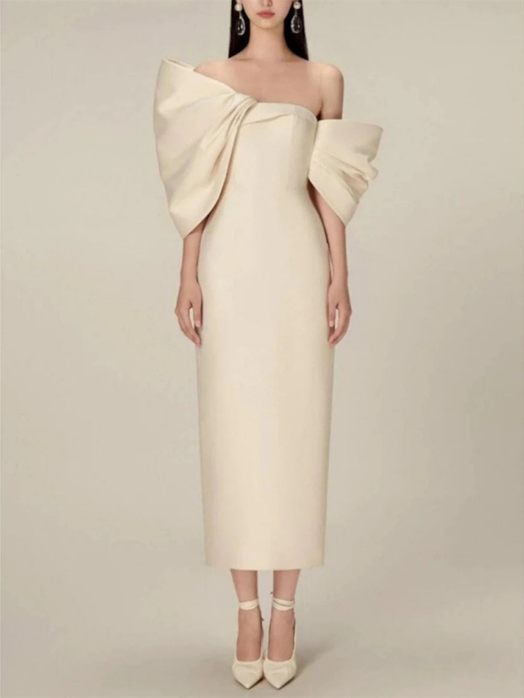 Robe de Soirée Fourreau/Colonne à Manches Mi-Longues et Épaules Dénudées avec Nœud(S)