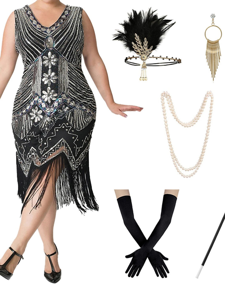 Robe Trapèze/Princesse à Col en V Sans Manches, Longueur Thé, Vintage, 6 Pièces, avec Bandeau en Plumes, Boucles D'Oreilles, Collier, Gants