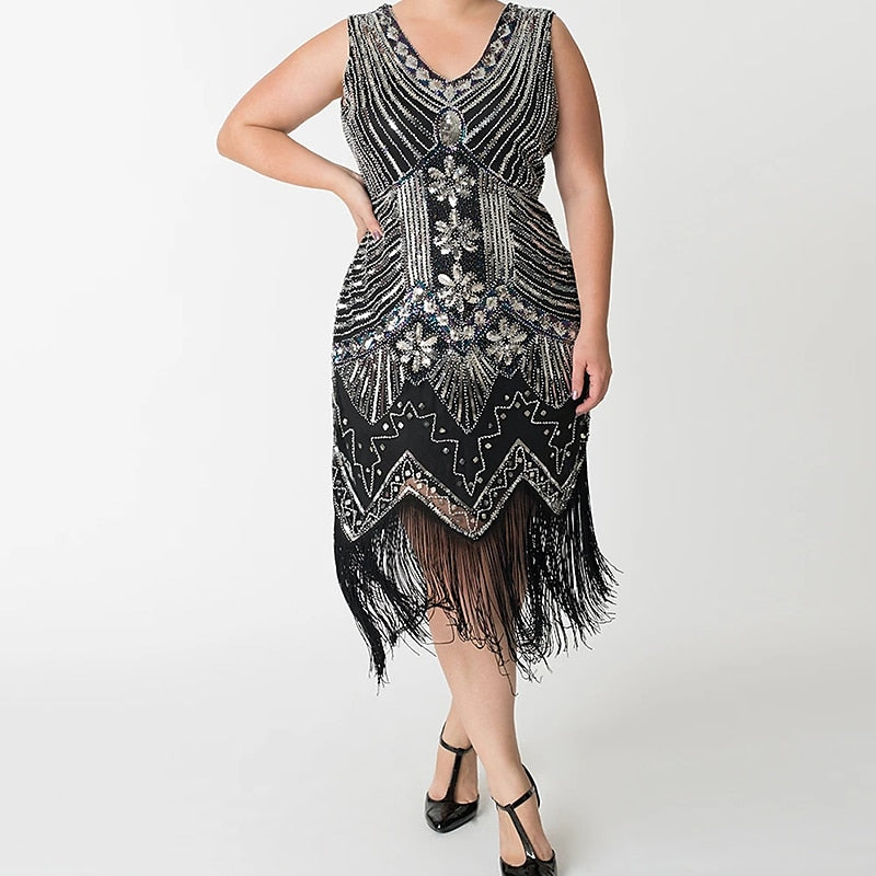 Robe Trapèze/Princesse à Col en V Sans Manches, Longueur Thé, Vintage, 6 Pièces, avec Bandeau en Plumes, Boucles D'Oreilles, Collier, Gants