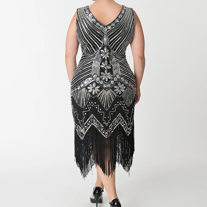 Robe Trapèze/Princesse à Col en V Sans Manches, Longueur Thé, Vintage, 6 Pièces, avec Bandeau en Plumes, Boucles D'Oreilles, Collier, Gants