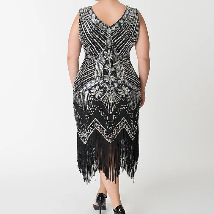 Robe Trapèze/Princesse à Col en V Sans Manches, Longueur Thé, Vintage, 6 Pièces, avec Bandeau en Plumes, Boucles D'Oreilles, Collier, Gants