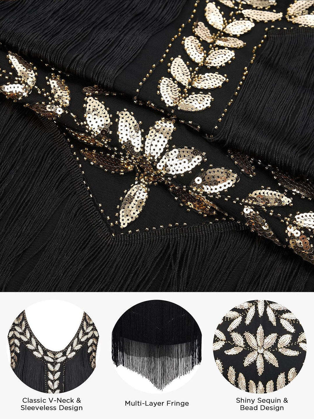 Robe Vintage Trapèze/Princesse Sans Manches, Longueur Genou, avec Franges et Paillettes