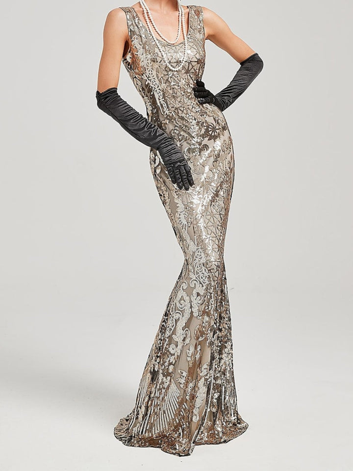 Robe Trapèze/Princesse à Épaules Dénudées Sans Manches, Longueur Au Sol, Style Vintage, avec Sequins