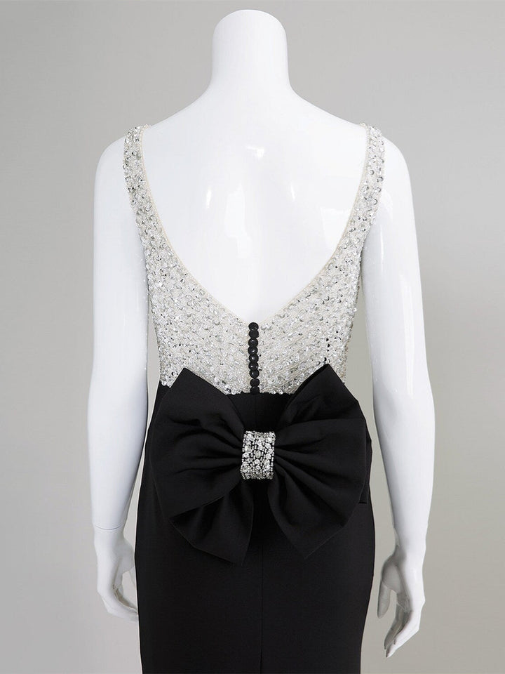 Robe de Soirée Sirène/Trompette à Col Rond et Traîne Courte avec Nœud(S) et Perles