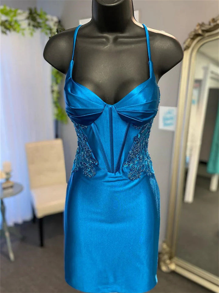 Robe Fourreau/Colonne en Cœur Sans Manches Courte/Mini Robe de Soirée Dansante avec Appliques et Perles