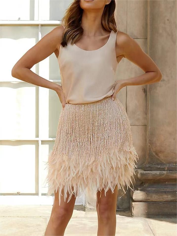 Robe Courte/Mini Vintage Sans Manches à Col Bijou avec Plumes