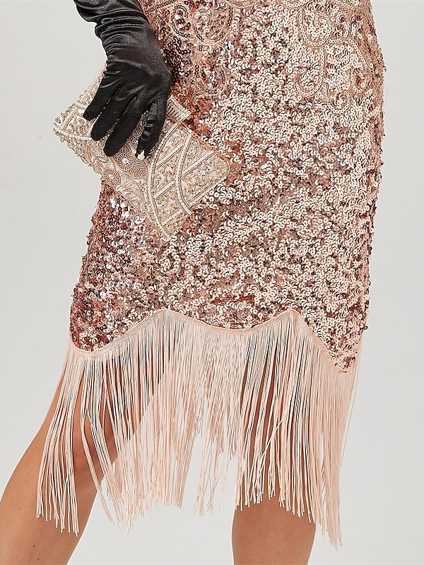 Robe Trapèze/Princesse à Col Bijou, Épaules Dénudées, Sans Manches, Longueur Genou, Vintage, avec Paillettes et Franges à Pampilles