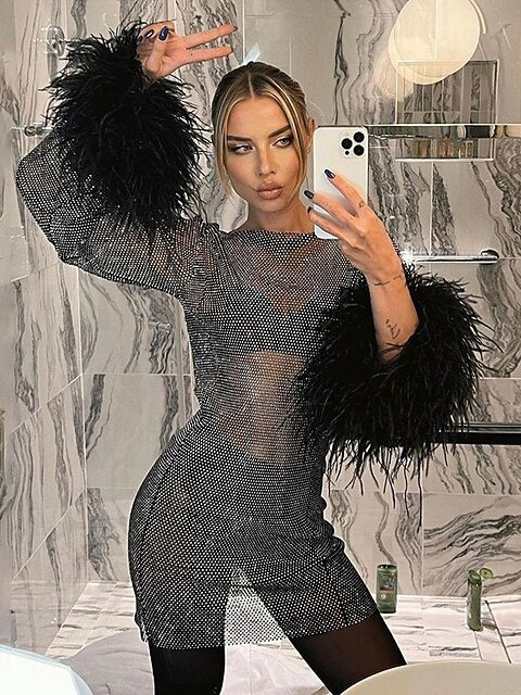 Robe Trapèze/Princesse à Col Bijou et Manches Longues, Courte/Mini, Vintage