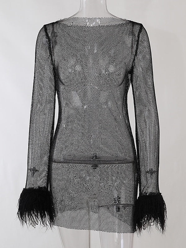 Robe Trapèze/Princesse à Col Bijou et Manches Longues, Courte/Mini, Vintage