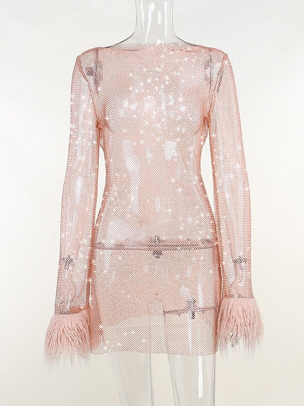 Robe Trapèze/Princesse à Col Bijou et Manches Longues, Courte/Mini, Vintage