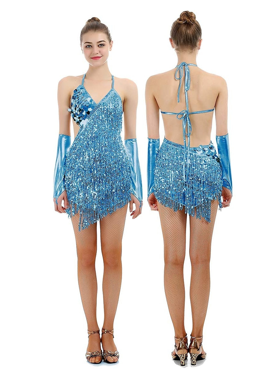 Robe Trapèze/Princesse à Col en V Sans Manches, Courte/Mini, Vintage, avec Paillettes et Franges à Pampilles