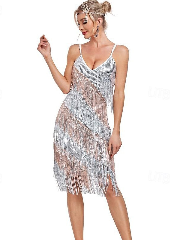 Robe Vintage Trapèze/Princesse à Bretelles Spaghetti, Col en V, Sans Manches, Longueur Genou, avec Paillettes et Franges à Pampilles