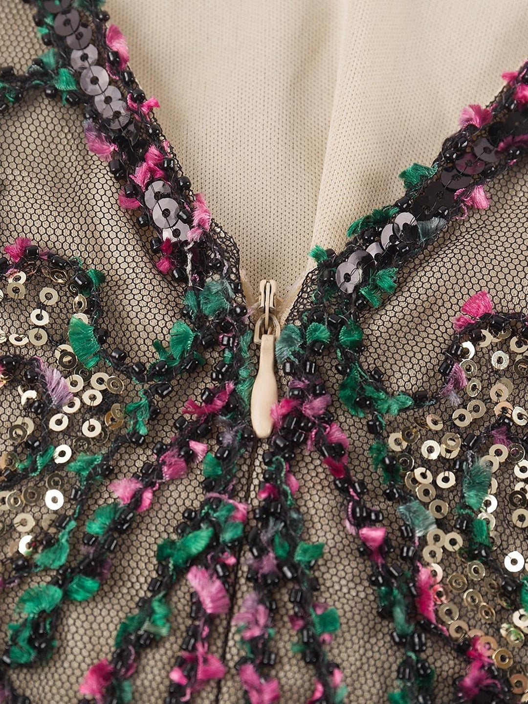 Robe Vintage Trapèze/Princesse à Col en V Sans Manches, Longueur Genou, avec Paillettes et Franges à Pampilles