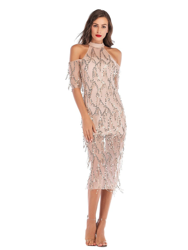 Robe Fourreau/Colonne à Manches Courtes et Col Licou, Longueur Thé, Style Vintage, avec Paillettes