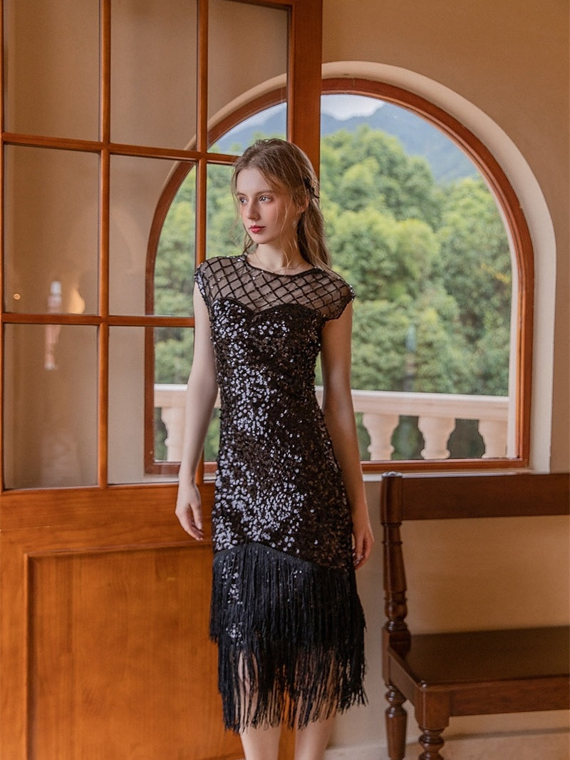 Robe Trapèze/Princesse Vintage Sans Manches à Col Bijou et Longueur Thé avec Paillettes