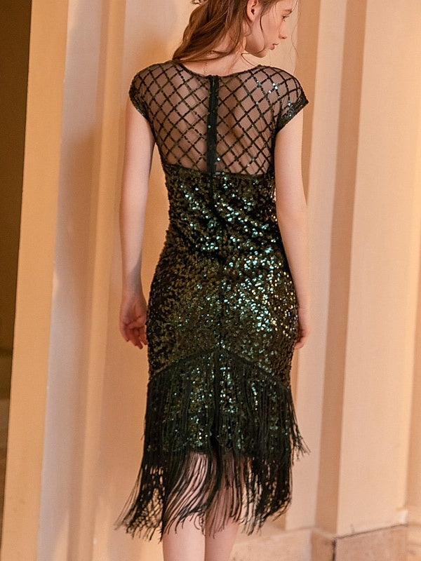 Robe Trapèze/Princesse Vintage Sans Manches à Col Bijou et Longueur Thé avec Paillettes