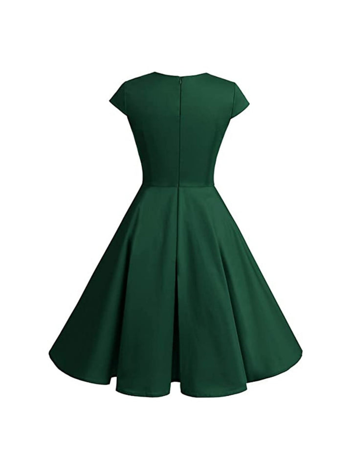 Robe Vintage Trapèze/Princesse à Col en V et Manches Courtes Jusqu'Aux Genoux