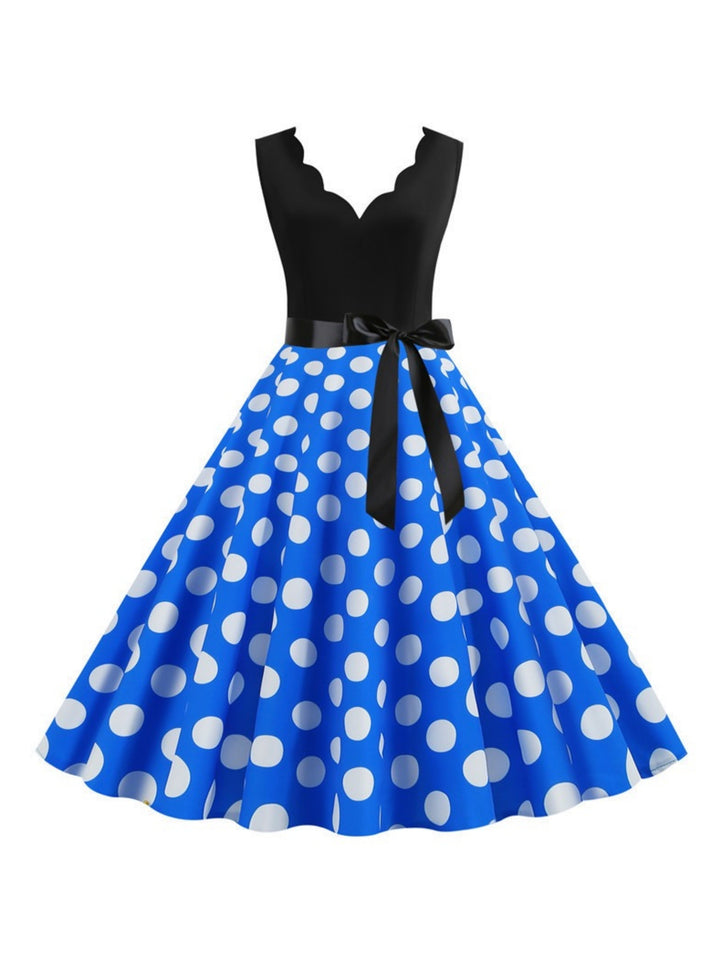 Robe Vintage Trapèze/Princesse à Col en V Sans Manches et Longueur Genou