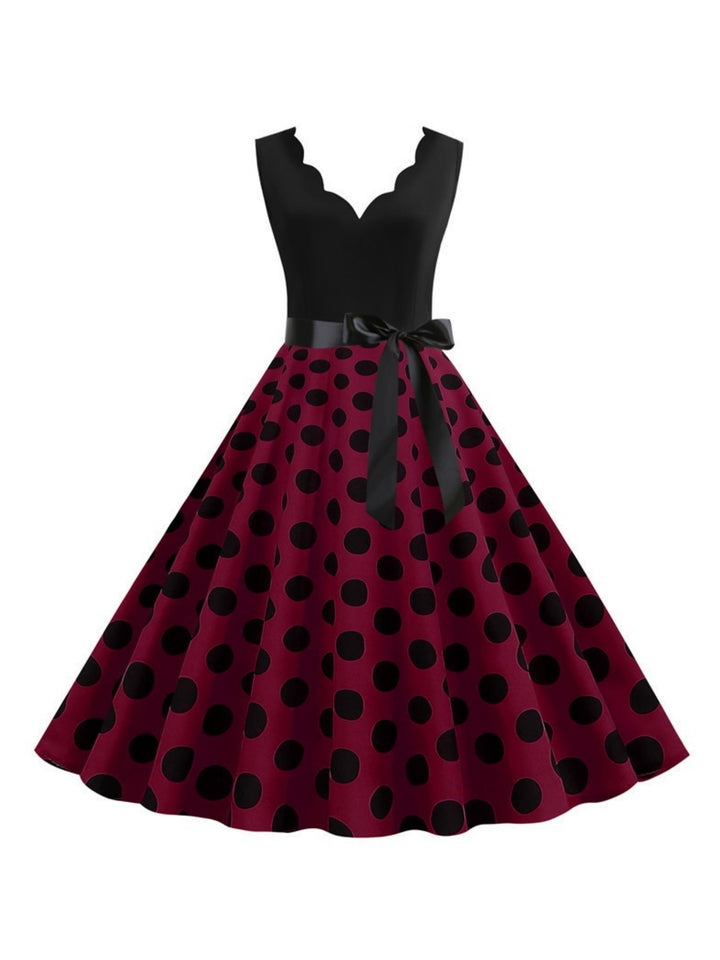 Robe Vintage Trapèze/Princesse à Col en V Sans Manches et Longueur Genou