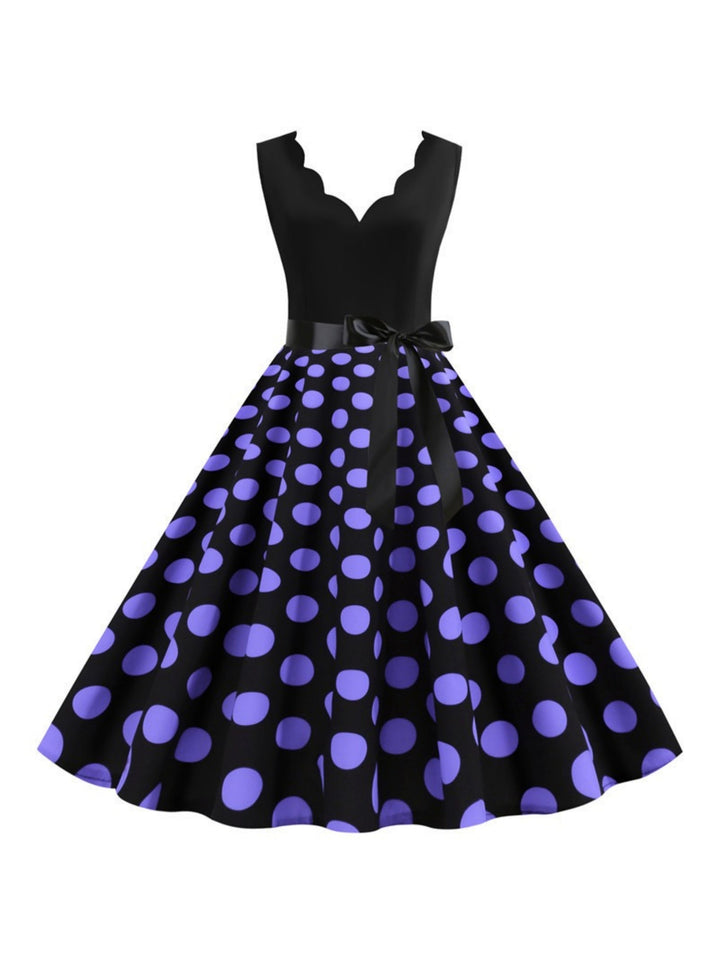 Robe Vintage Trapèze/Princesse à Col en V Sans Manches et Longueur Genou