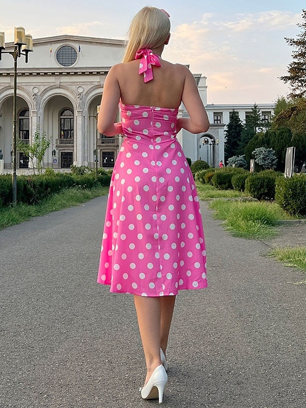 Robe Vintage Trapèze/Princesse Sans Manches à Col Licou et Longueur Thé avec Nœud