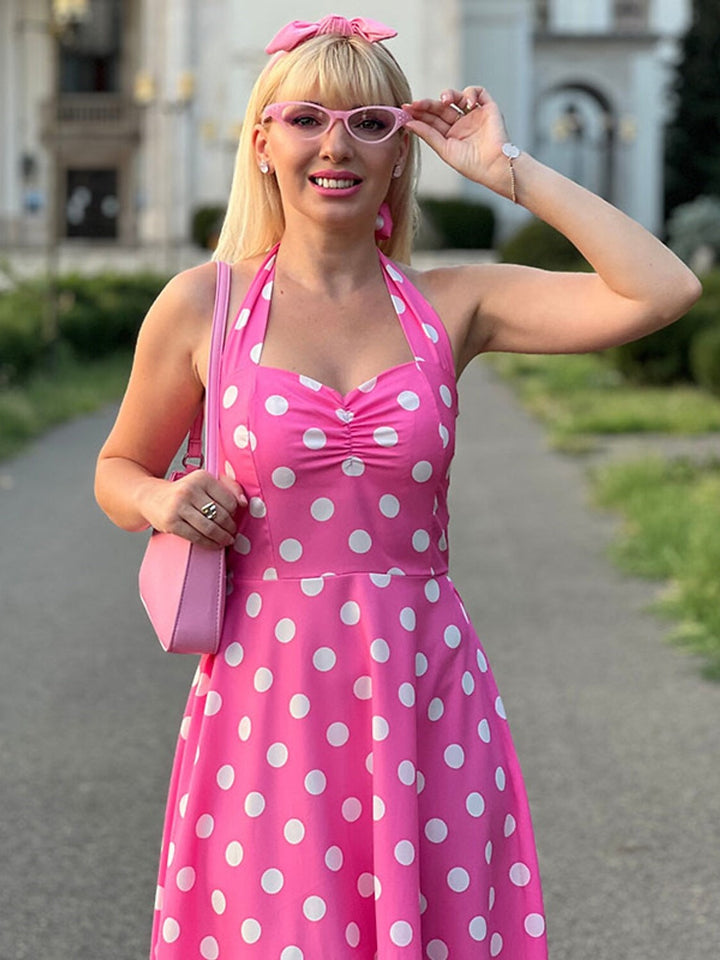 Robe Vintage Trapèze/Princesse Sans Manches à Col Licou et Longueur Thé avec Nœud