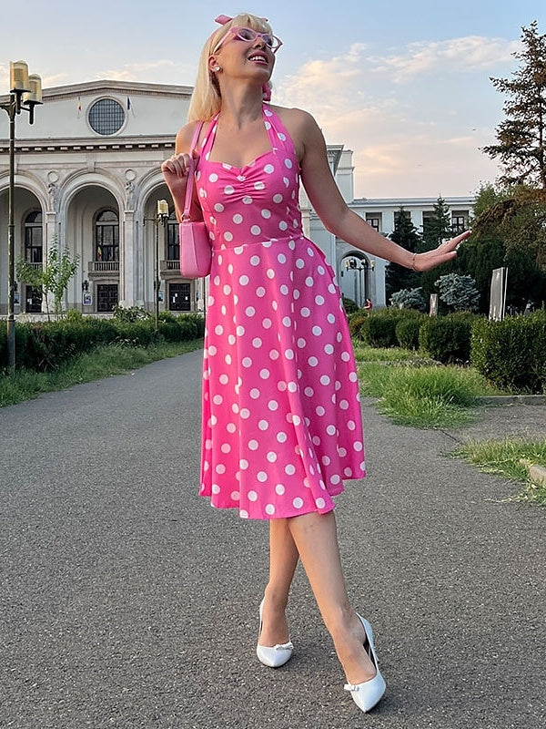 Robe Vintage Trapèze/Princesse Sans Manches à Col Licou et Longueur Thé avec Nœud