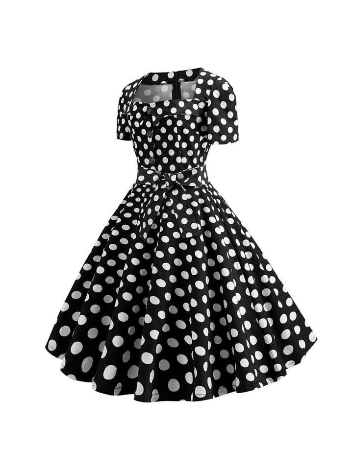 Robe Trapèze/Princesse à Manches Courtes et Col Rond, Longueur Thé, Vintage, avec Nœud