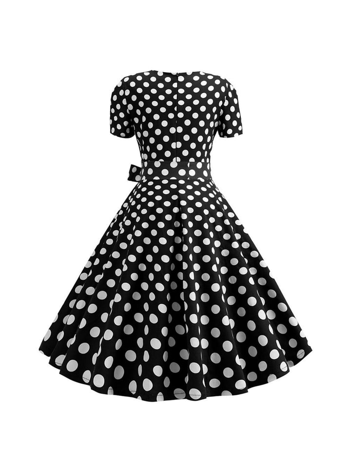 Robe Trapèze/Princesse à Manches Courtes et Col Rond, Longueur Thé, Vintage, avec Nœud