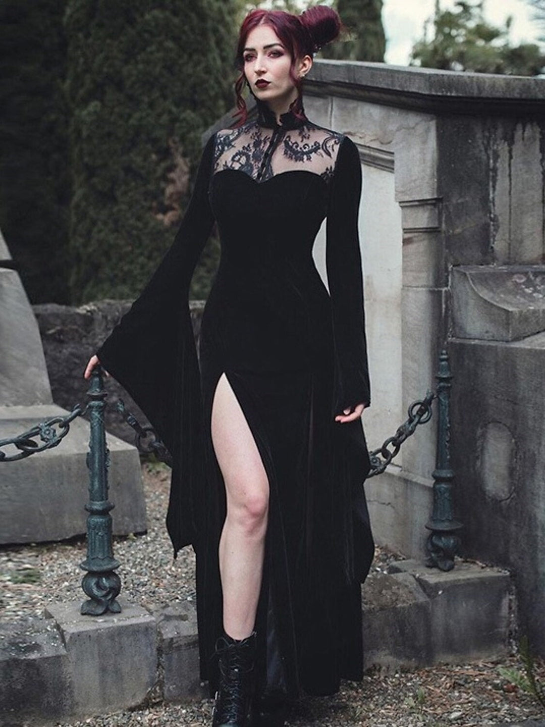 Robe Vintage Trapèze/Princesse à Manches Longues et Col Bijou, Longueur Au Sol, avec Fente Sur le Côté