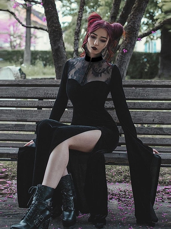 Robe Vintage Trapèze/Princesse à Manches Longues et Col Bijou, Longueur Au Sol, avec Fente Sur le Côté